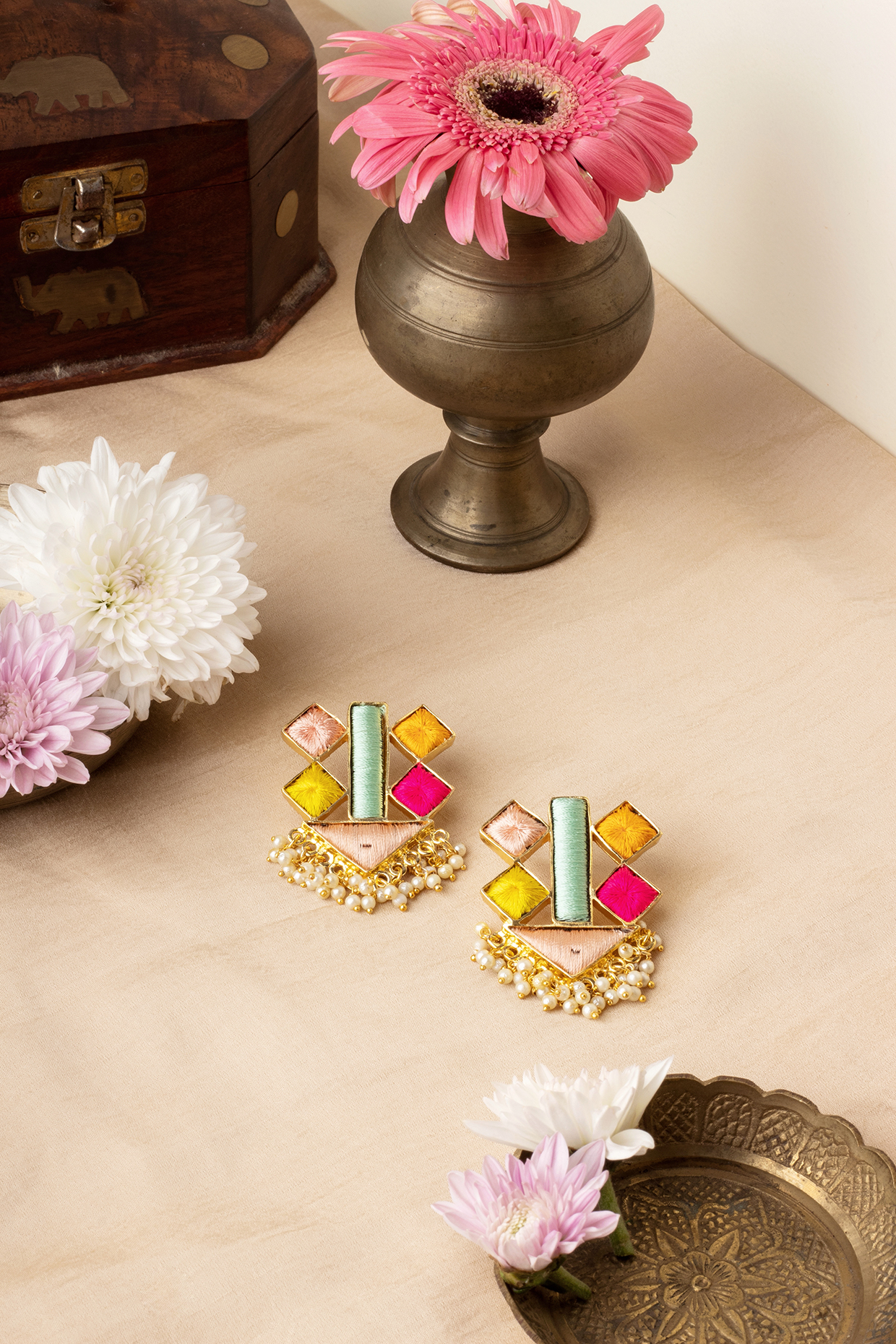 Matte Gold Finish Multi-Colored Embroidered & Pearl Geometrical Stud Earrings by Bauble Bazaar at Pernia's Pop Up Shop