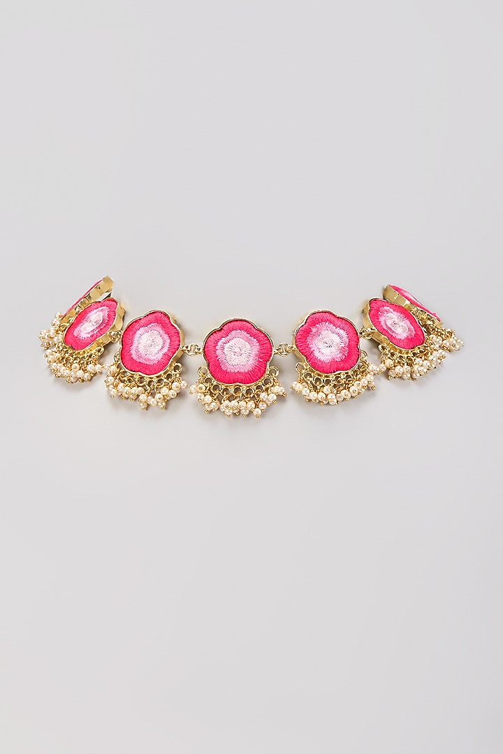 Matte Gold Finish Pink Thread Embroidered Cloud-Shaped Necklace by Bauble Bazaar at Pernia's Pop Up Shop