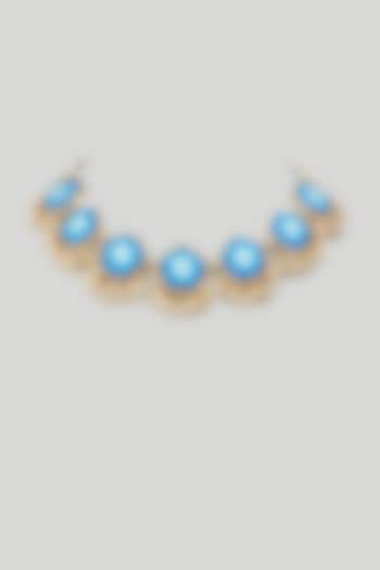 Gold Finish Blue Embellished Necklace by Bauble Bazaar at Pernia's Pop Up Shop