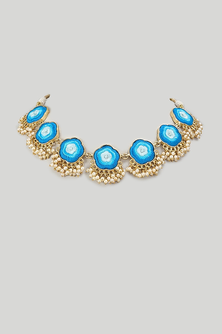 Gold Finish Blue Embellished Necklace by Bauble Bazaar at Pernia's Pop Up Shop