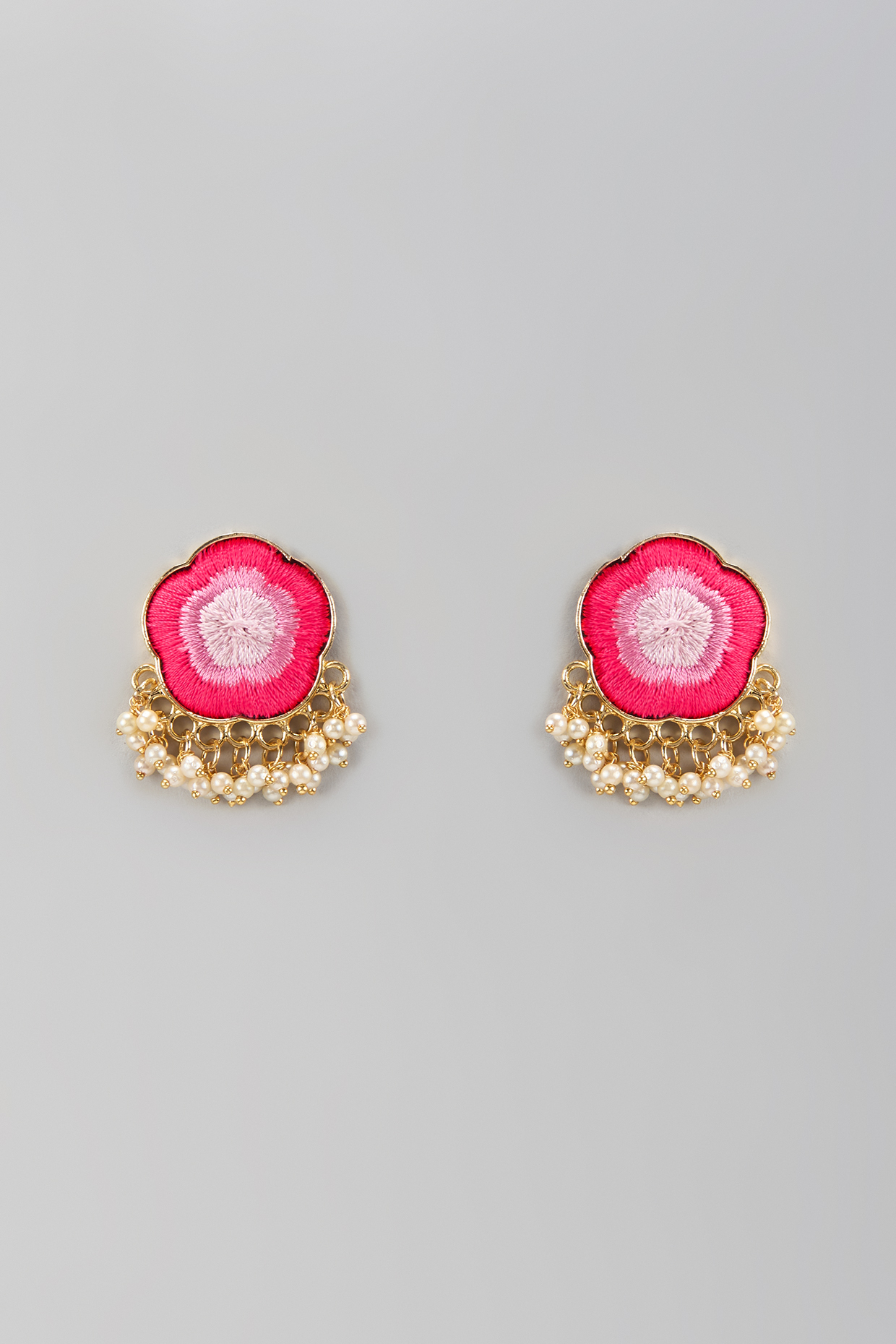 Matte Gold Finish Pink Thread Embroidered Cloud-Shaped Stud Earrings by Bauble Bazaar at Pernia's Pop Up Shop