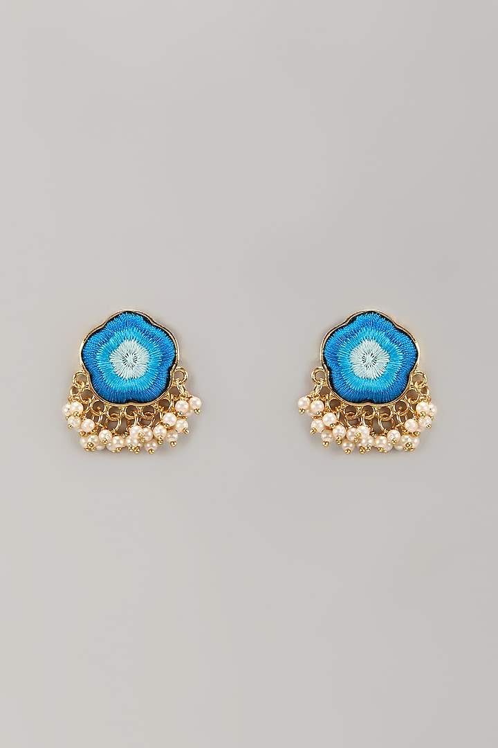 Matte Gold Finish Firozi Thread Embroidered Cloud-Shaped Stud Earrings by Bauble Bazaar at Pernia's Pop Up Shop