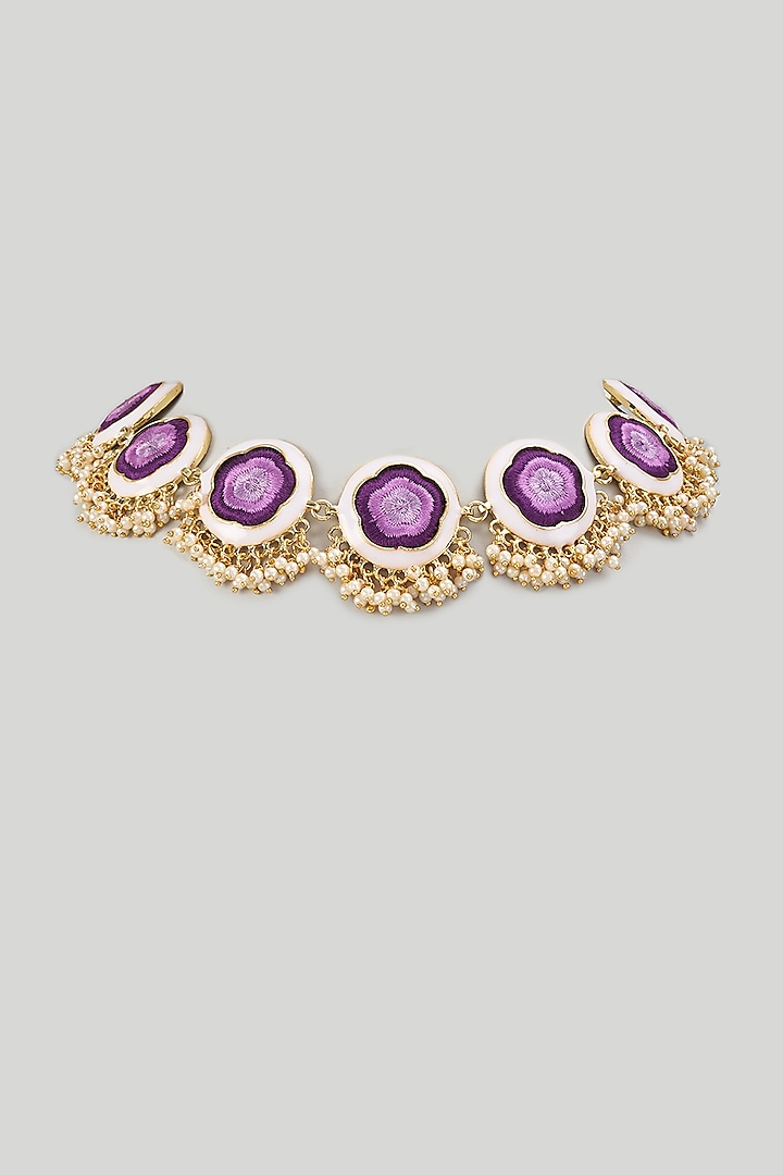 Gold Finish Silk Thread Embroidered & Purple Enameled Necklace by Bauble Bazaar at Pernia's Pop Up Shop