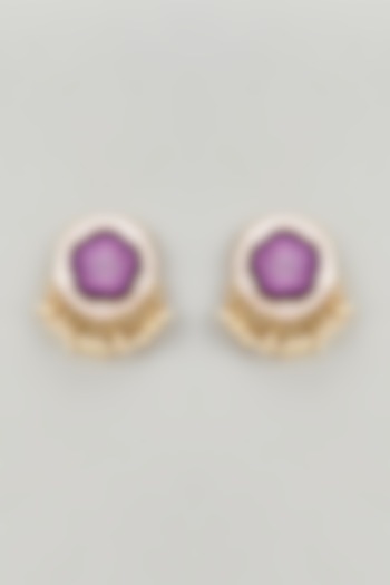 Gold Finish Silk Thread Embroidered & Purple Enameled Stud Earrings by Bauble Bazaar at Pernia's Pop Up Shop