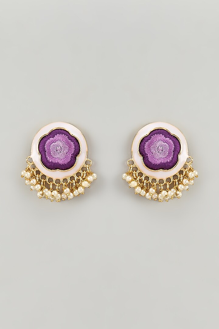 Gold Finish Silk Thread Embroidered & Purple Enameled Stud Earrings by Bauble Bazaar at Pernia's Pop Up Shop