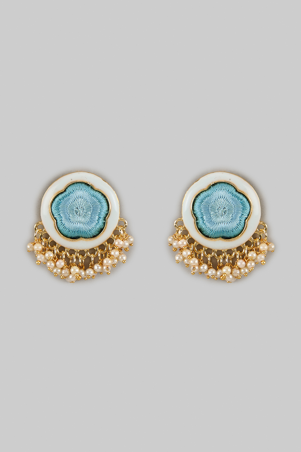 Gold Plated Sky Blue Silk Thread Embroidered Enameled Stud Earrings by Bauble Bazaar at Pernia's Pop Up Shop