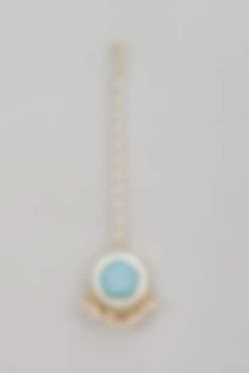 Gold Finish Silk Thread Embroidered & Blue Enameled Maangtikka by Bauble Bazaar at Pernia's Pop Up Shop