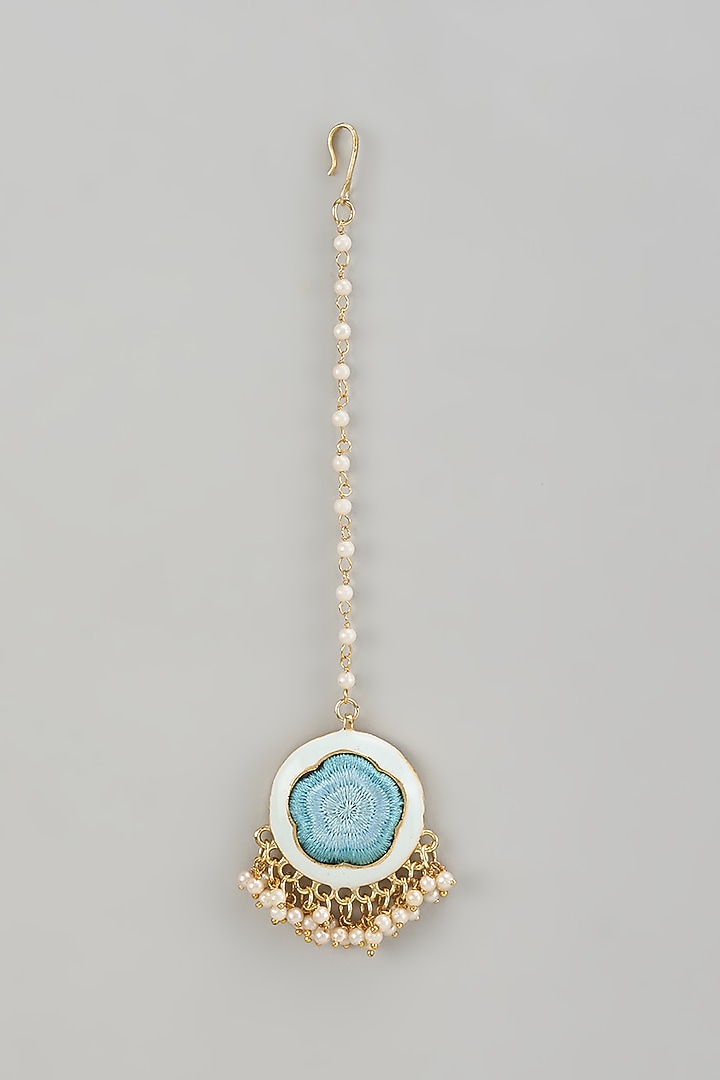 Gold Finish Silk Thread Embroidered & Blue Enameled Maangtikka by Bauble Bazaar at Pernia's Pop Up Shop
