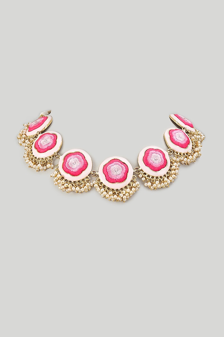 Gold Finish Silk Thread Embroidered & Pink Enameled Necklace by Bauble Bazaar at Pernia's Pop Up Shop