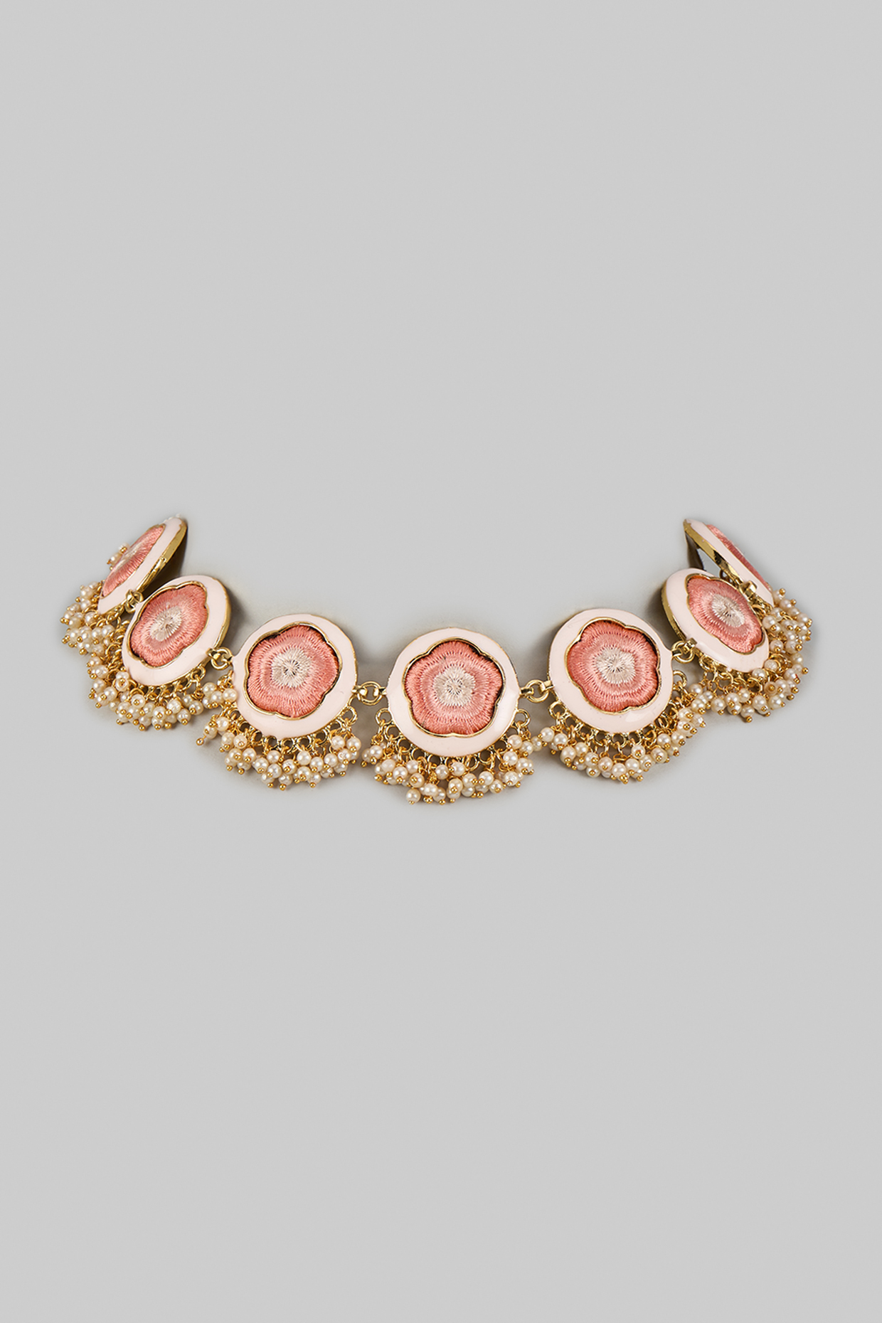 Gold Plated Peach Silk Thread Embroidered Enameled Necklace by Bauble Bazaar at Pernia's Pop Up Shop