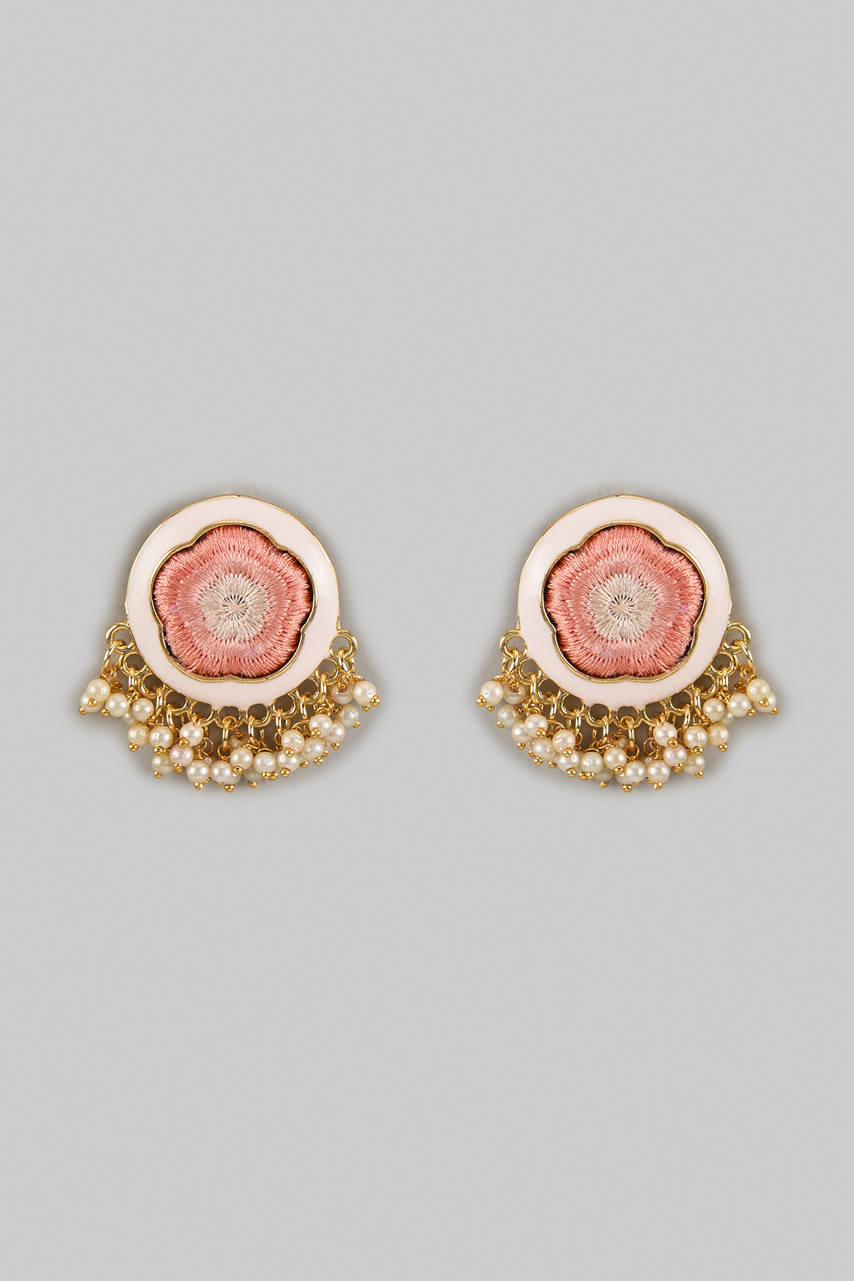 Gold Plated Peach Silk Thread Embroidered Enameled Stud Earrings by Bauble Bazaar at Pernia's Pop Up Shop