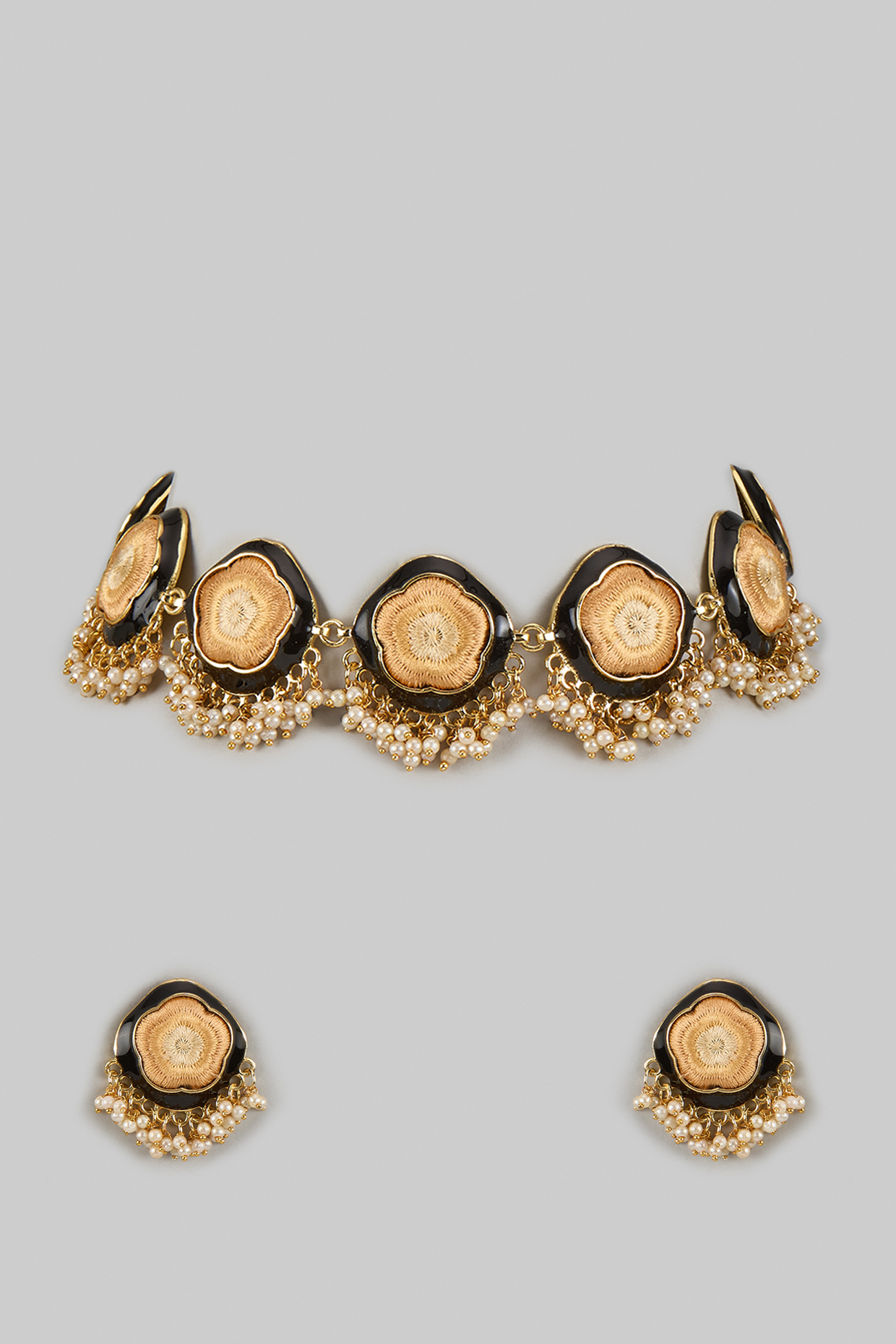 Gold Plated Black Silk Thread Embroidered Enameled Necklace Set by Bauble Bazaar at Pernia's Pop Up Shop