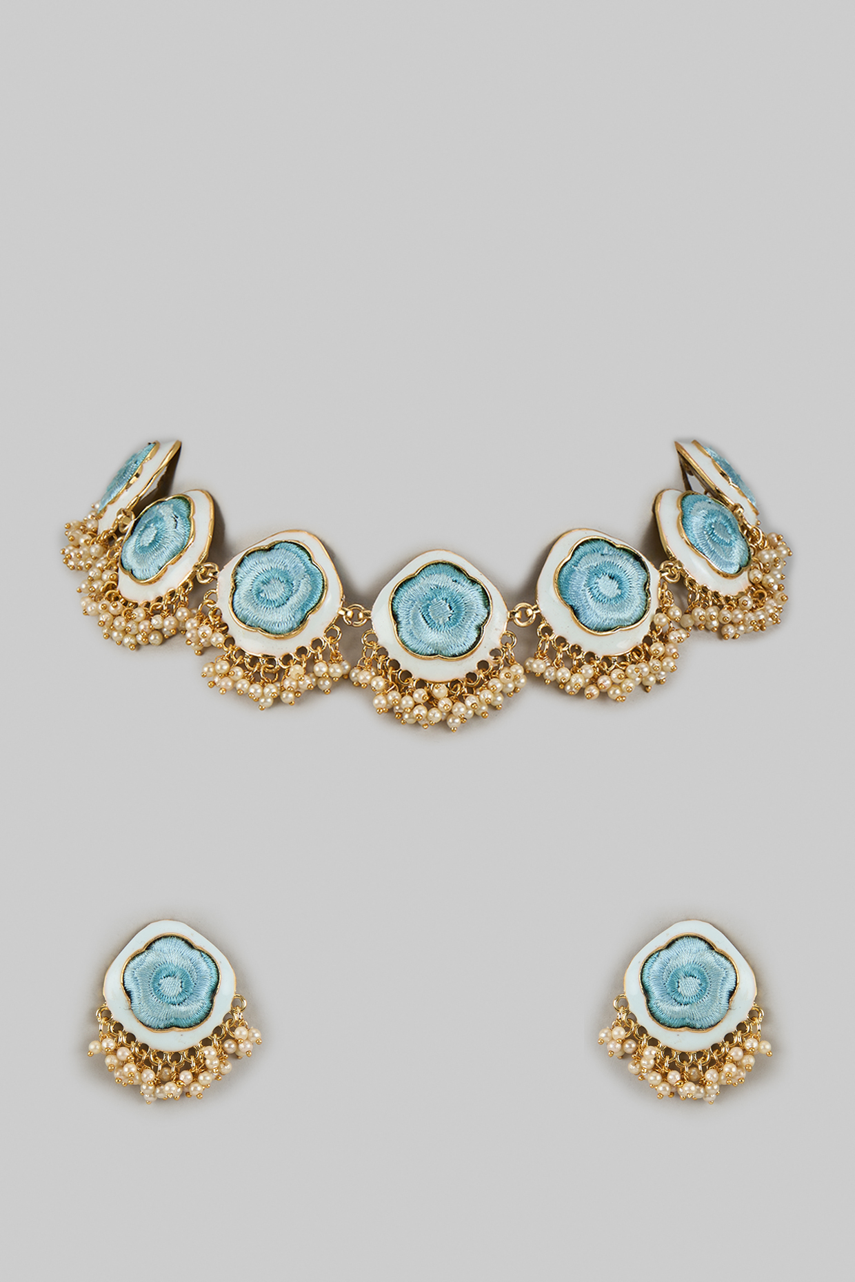 Gold Plated Sky Blue Silk Thread Embroidered Enameled Necklace Set by Bauble Bazaar at Pernia's Pop Up Shop