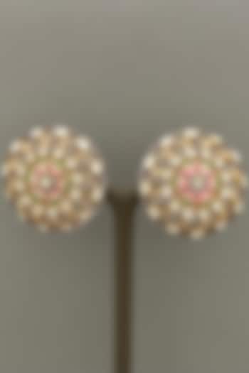 Gold Finish Pink Enameled Earrings by Bauble Bazaar