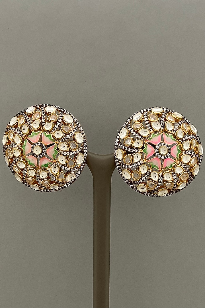 Gold Finish Pink Enameled Earrings by Bauble Bazaar