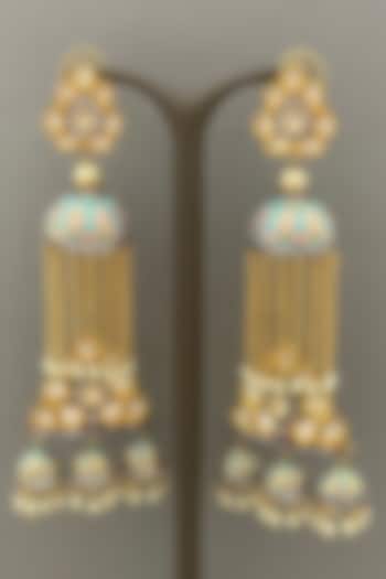 Gold Finish Blue Enameled Dangler Earrings by Bauble Bazaar