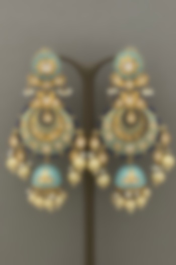 Gold Finish Blue Enameled Long Earrings by Bauble Bazaar