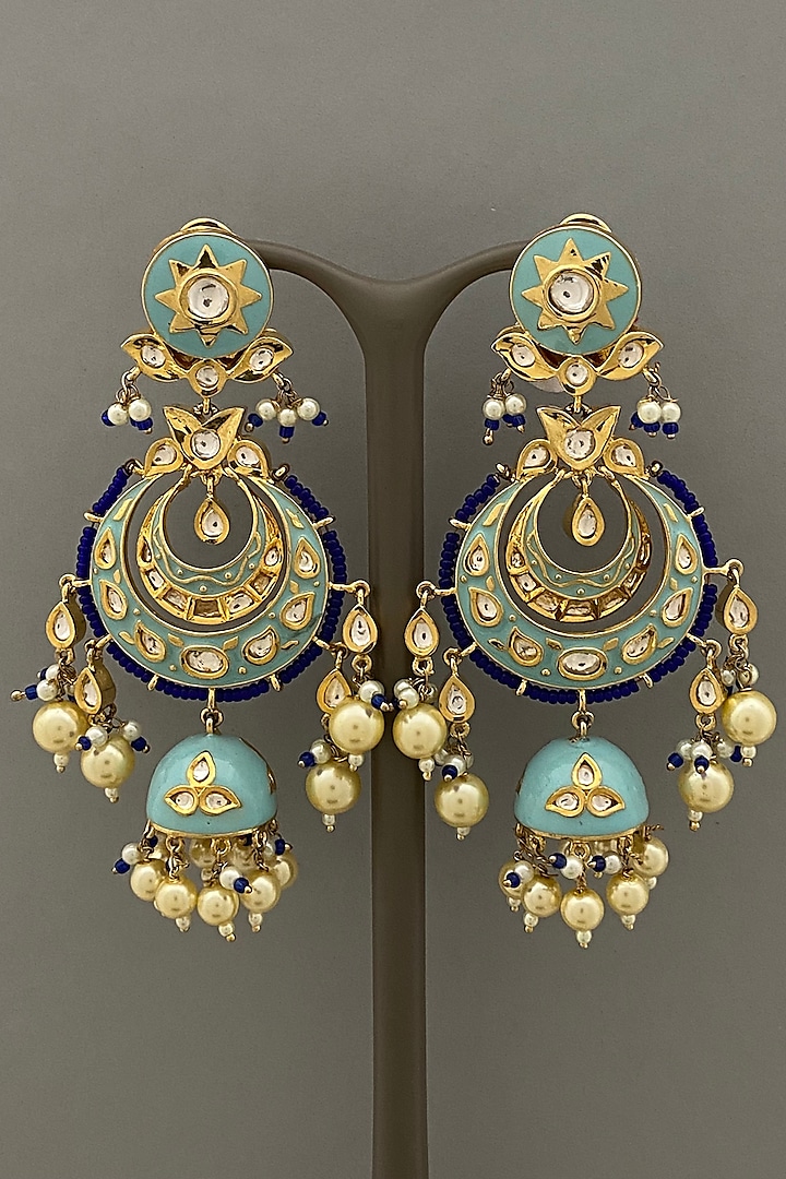 Gold Finish Blue Enameled Long Earrings by Bauble Bazaar