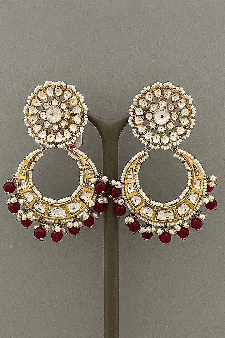 Gold Finish Red Beaded Earrings by Bauble Bazaar