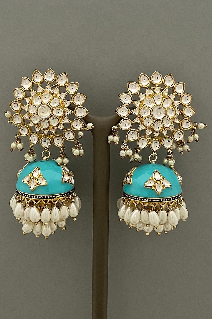Gold Finish Blue Enameled Jhumka Earrings by Bauble Bazaar