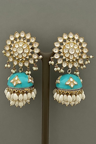Gold Finish Blue Enameled Jhumka Earrings by Bauble Bazaar