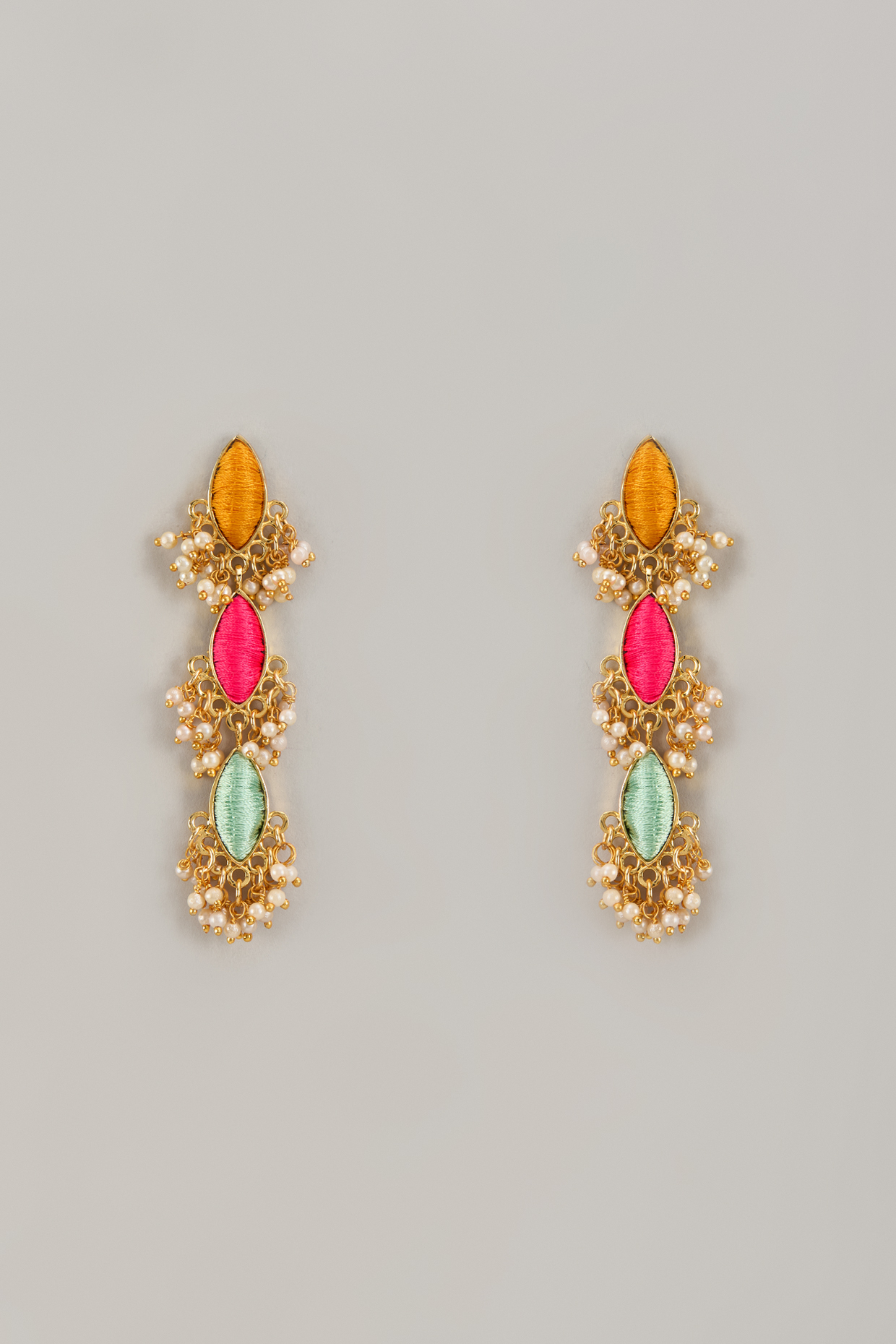 Gold Matte Finish Embellished Layered Dangler Earrings by Bauble Bazaar at Pernia's Pop Up Shop