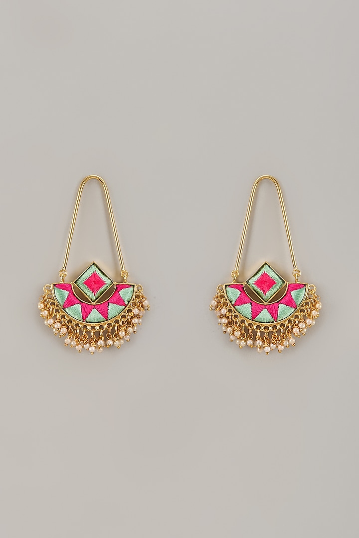 Gold Matte Finish Embellished Geometric Chandbaali Earrings by Bauble Bazaar at Pernia's Pop Up Shop