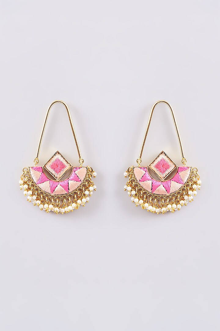 Matte Gold Finish Silk Thread Embroidered & Pearl Chandbali Earrings by Bauble Bazaar