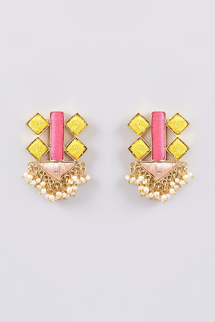 Matte Gold Finish Multi-Colored Silk Thread Embellished & Pearl Stud Earrings by Bauble Bazaar