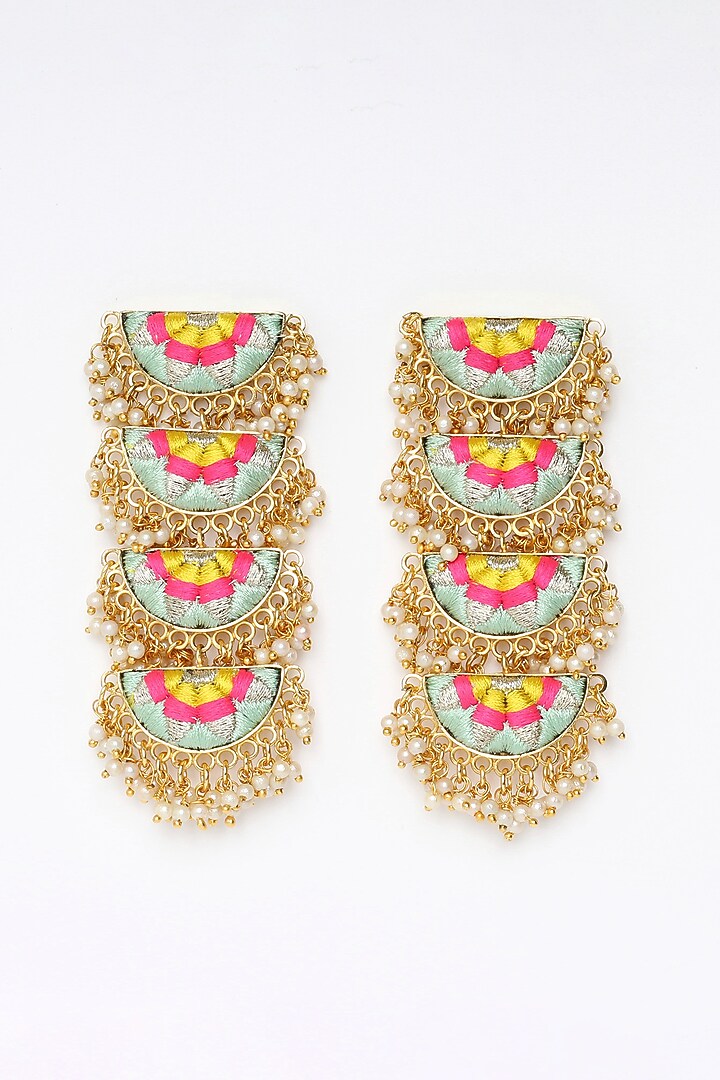 Matte Gold Finish Zari Embroidered & Pearl Tiered Semi-Circular Dangler Earrings by Bauble Bazaar at Pernia's Pop Up Shop