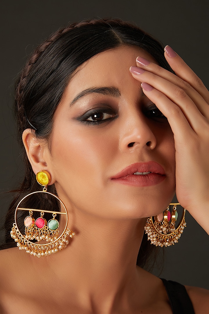 Matte Gold Finish Multi-Colored Silk Thread Embellished & Pearl Dangler Earrings by Bauble Bazaar