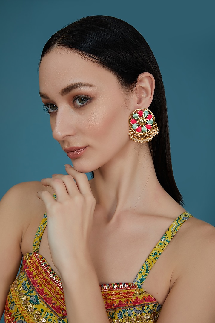 Matte Gold Finish Hot Pink & Green Silk Thread Embroidered Circular Stud Earrings by Bauble Bazaar at Pernia's Pop Up Shop