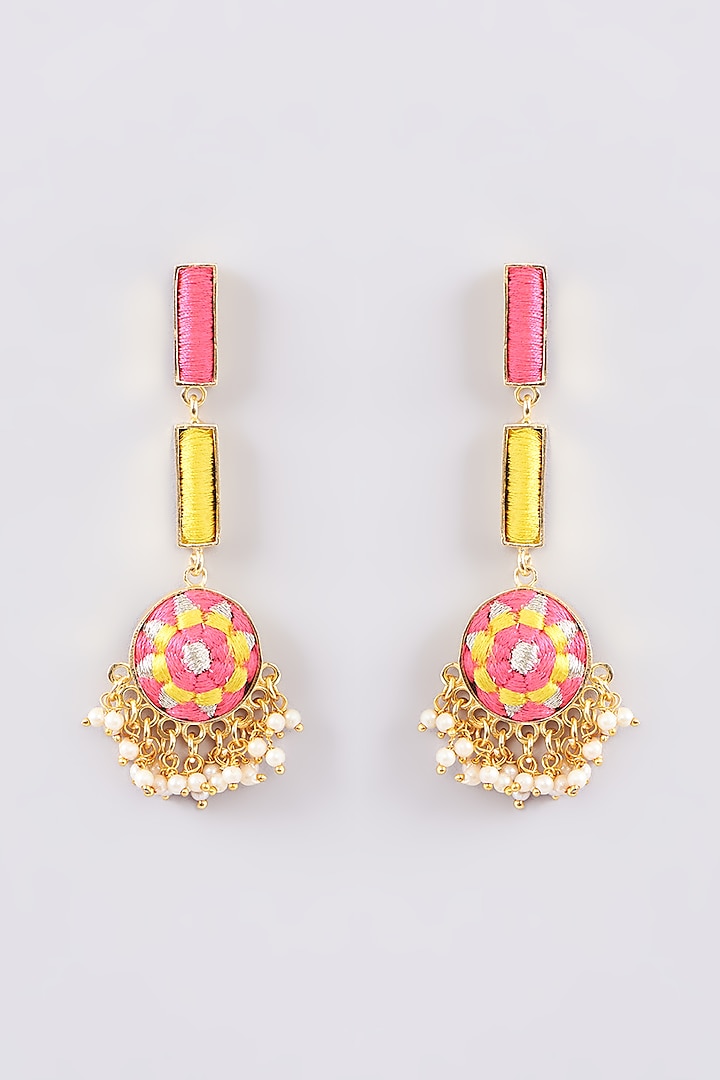 Matte Gold Finish Multi-Colored Silk Thread Embellished & Pearl Dangler Earrings by Bauble Bazaar