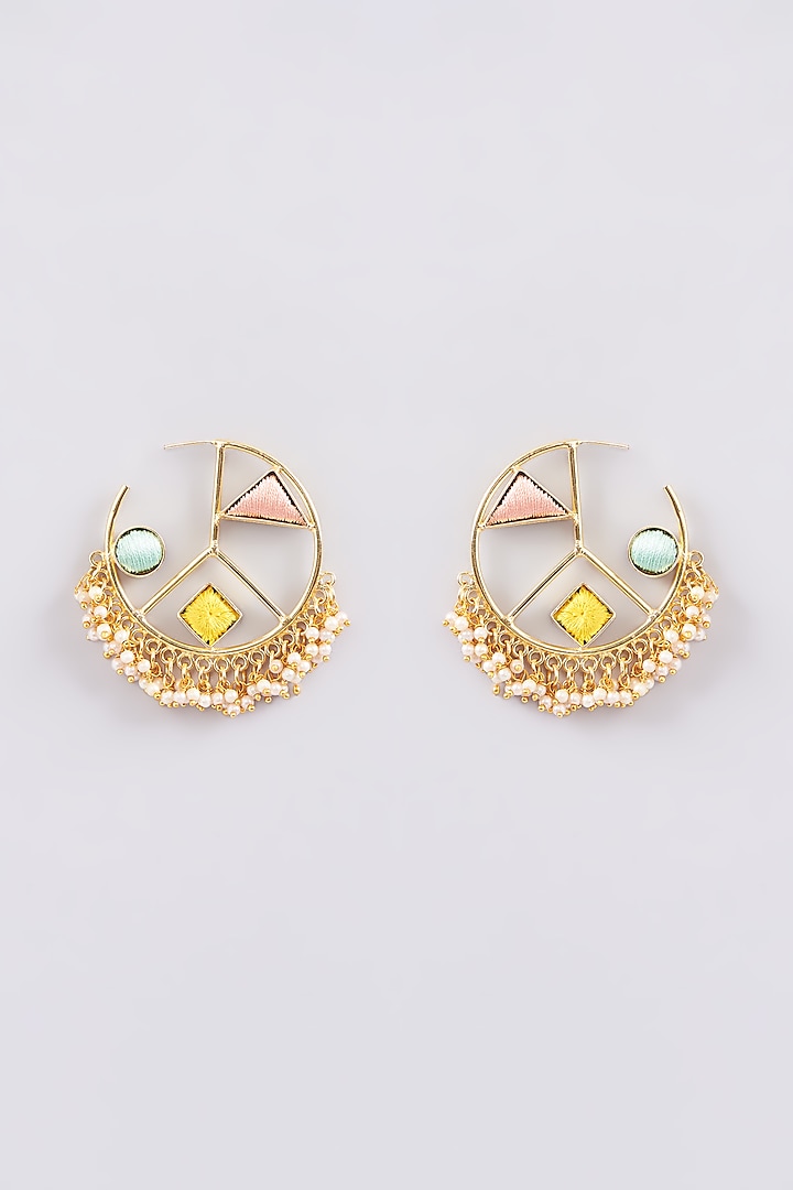 Matte Gold Finish Multi-Colored Thread Embroidered & Pearl Hoop Earrings by Bauble Bazaar
