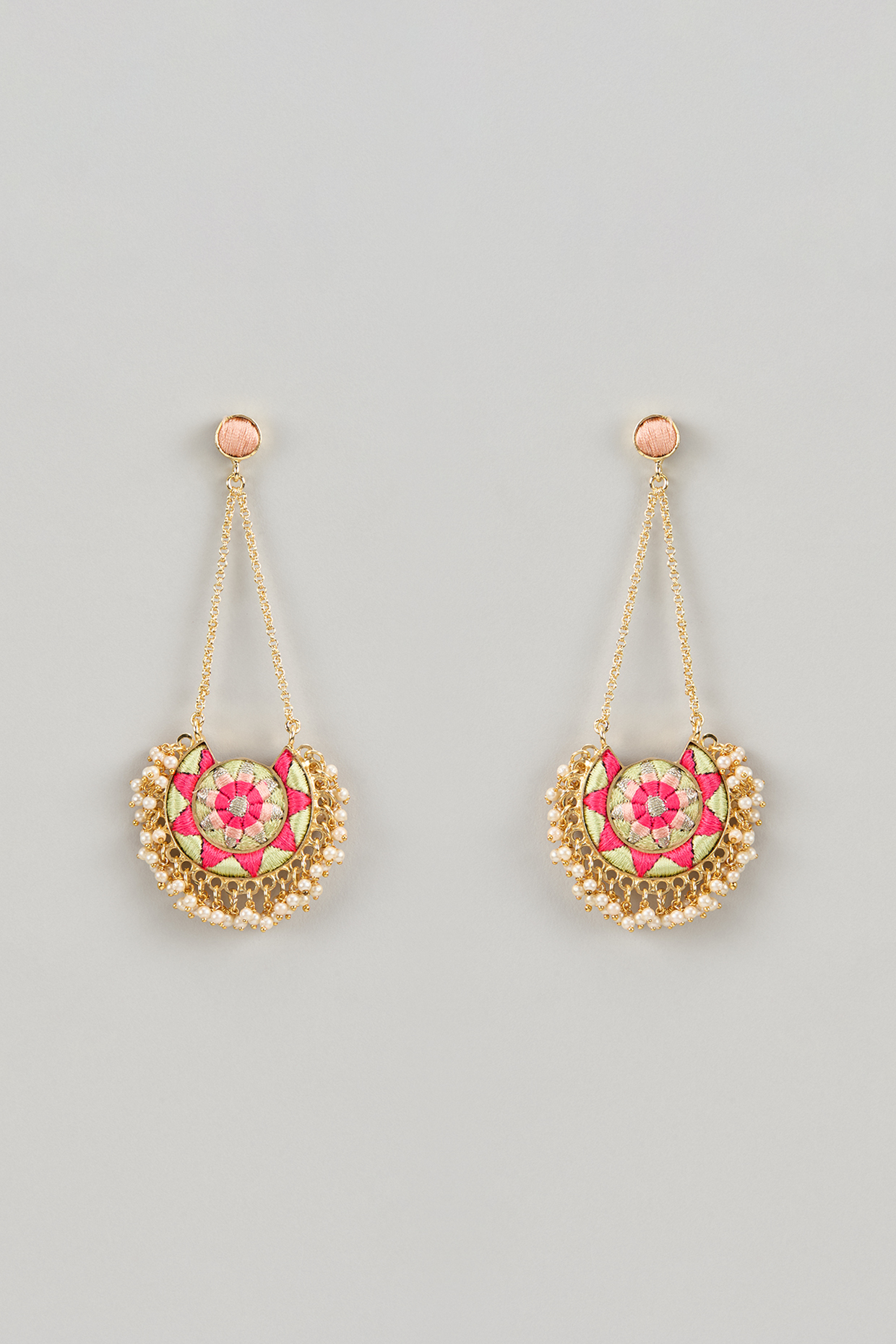 Matte Gold Finish Multi-Colored Zari Silk Thread Embroidered Chandbali Earrings by Bauble Bazaar at Pernia's Pop Up Shop