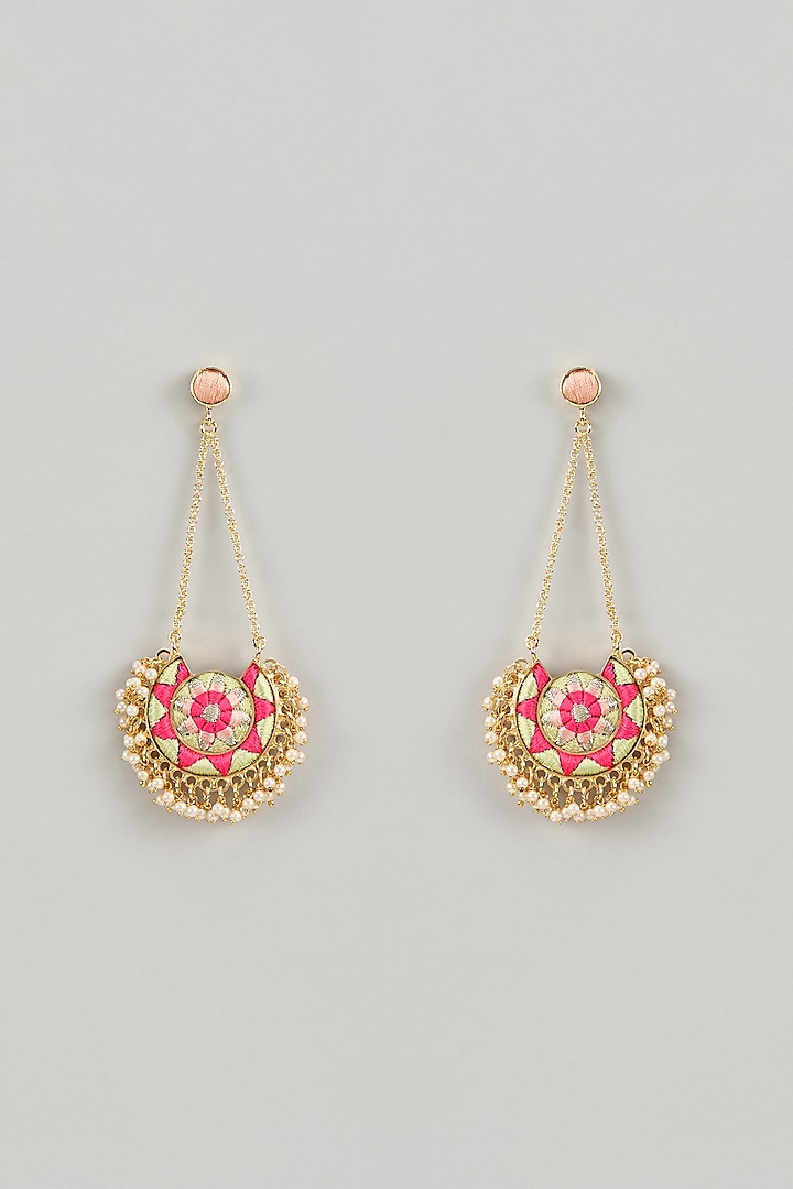 Matte Gold Finish Multi-Colored Zari Silk Thread Embroidered Chandbali Earrings by Bauble Bazaar at Pernia's Pop Up Shop