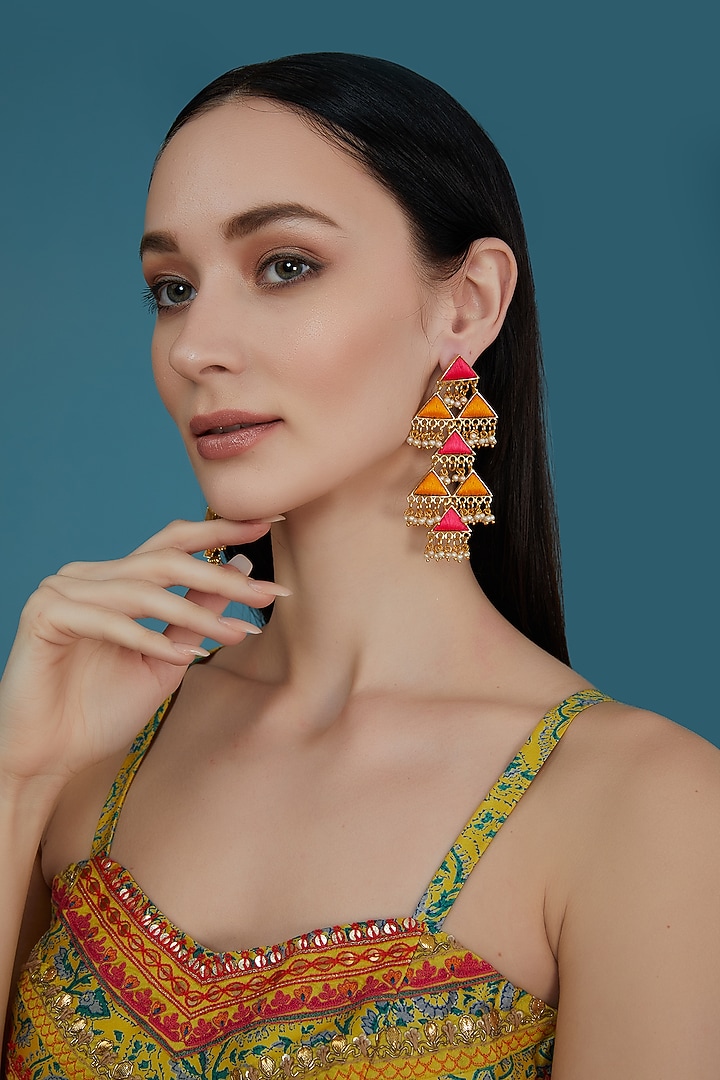 Matte Gold Finish Pink & Yellow Silk Thread Embroidered Triangle Layered Dangler Earrings by Bauble Bazaar at Pernia's Pop Up Shop
