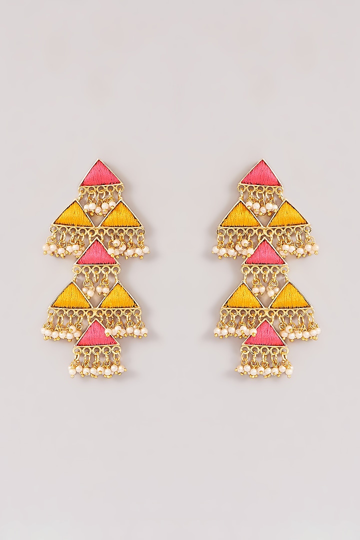 Matte Gold Finish Pink & Yellow Silk Thread Embroidered Triangle Layered Dangler Earrings by Bauble Bazaar at Pernia's Pop Up Shop