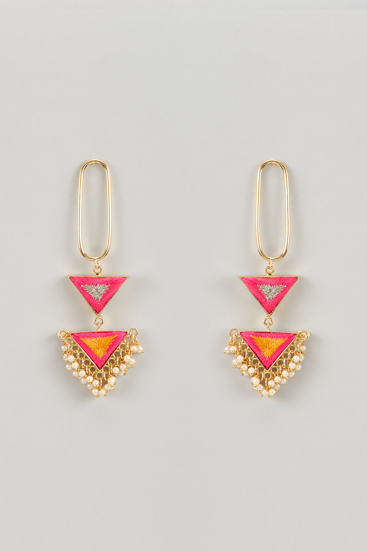 Matte Gold Finish Multi-Colored Zari Silk Thread Embroidered Dangler Earrings by Bauble Bazaar at Pernia's Pop Up Shop