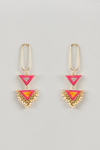 Matte Gold Finish Multi-Colored Zari Silk Thread Embroidered Dangler Earrings by Bauble Bazaar