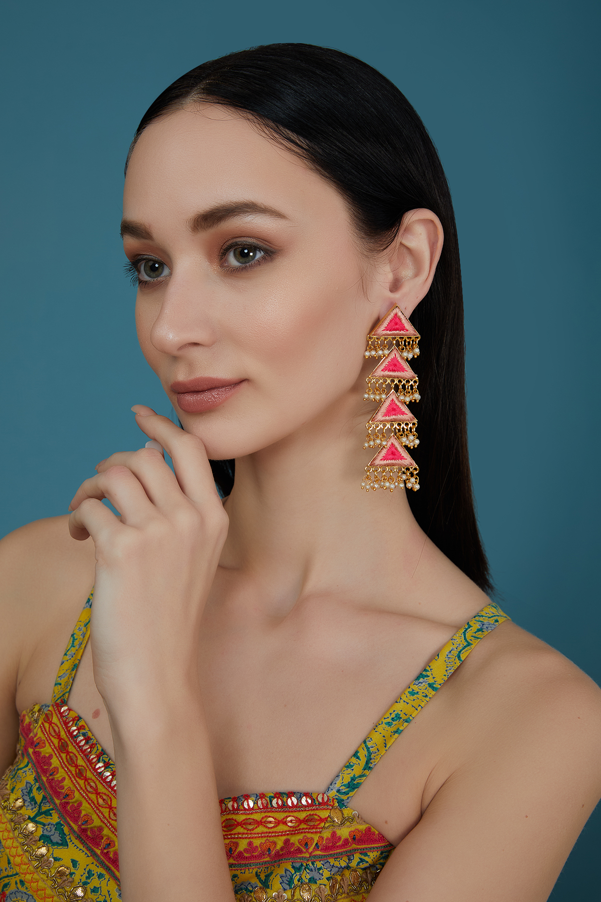 Matte Gold Finish Silk Thread Multi-Colored Embroidered Triangle Layered Dangler Earrings by Bauble Bazaar at Pernia's Pop Up Shop