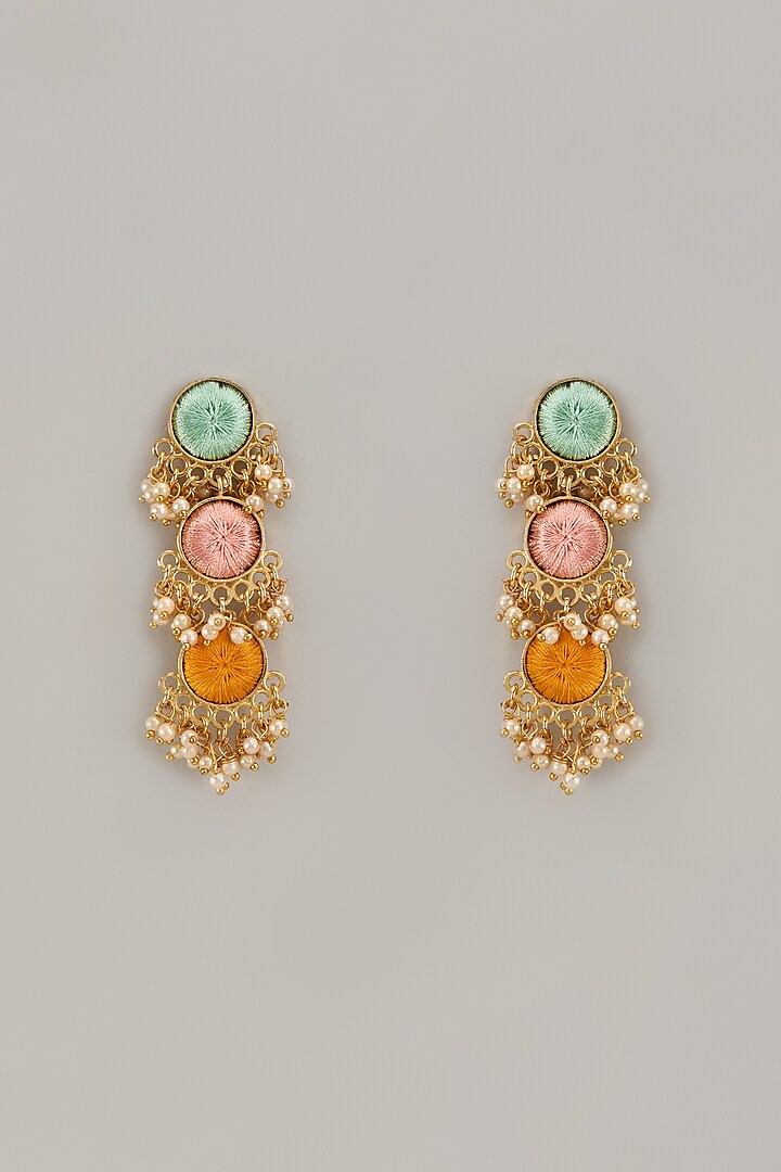 Gold Matte Finish Embellished Layered Dangler Earrings by Bauble Bazaar at Pernia's Pop Up Shop