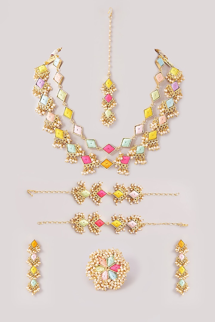 Matte Gold Finish Pastel Silk Thread Embroidered Layered Necklace Set by Bauble Bazaar at Pernia's Pop Up Shop