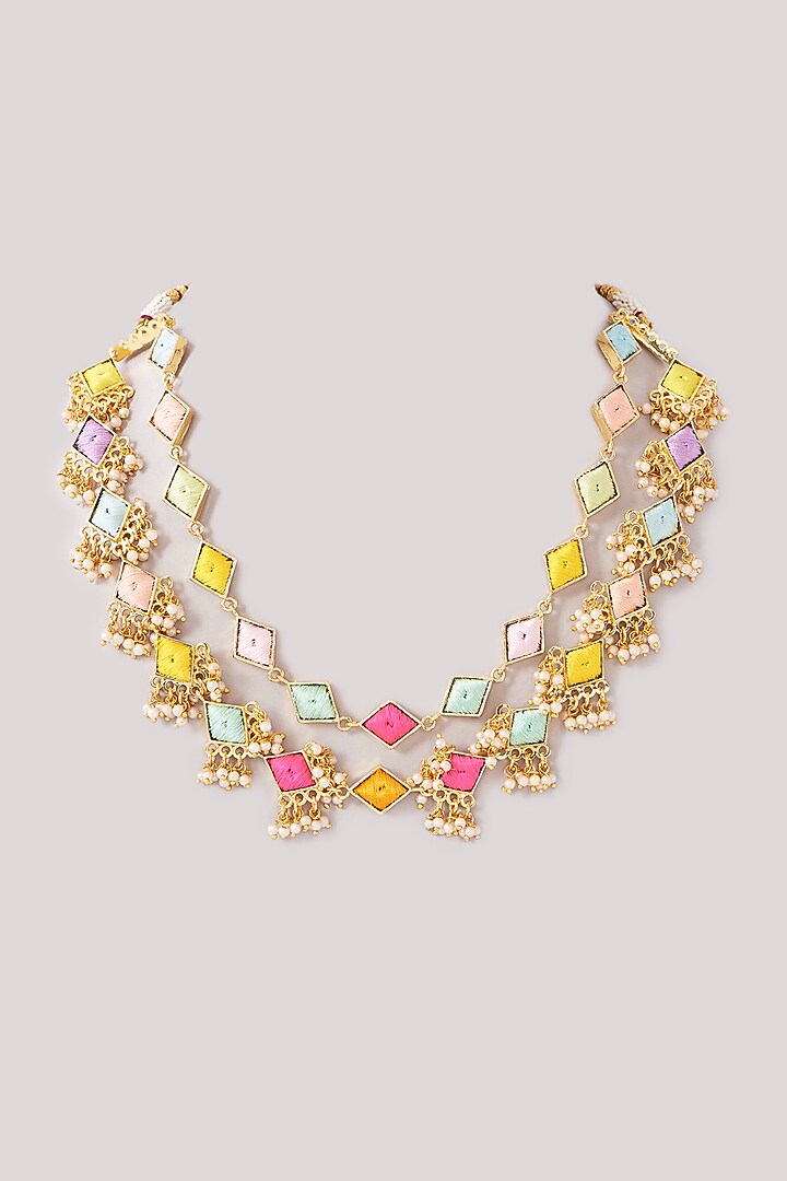 Matte Gold Finish Pastel Silk Thread Embroidered Layered Necklace Set by Bauble Bazaar at Pernia's Pop Up Shop