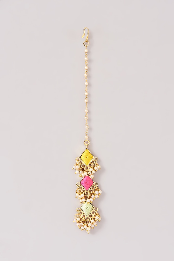 Matte Gold Finish Pastel Silk Thread Embroidered Layered Necklace Set by Bauble Bazaar at Pernia's Pop Up Shop