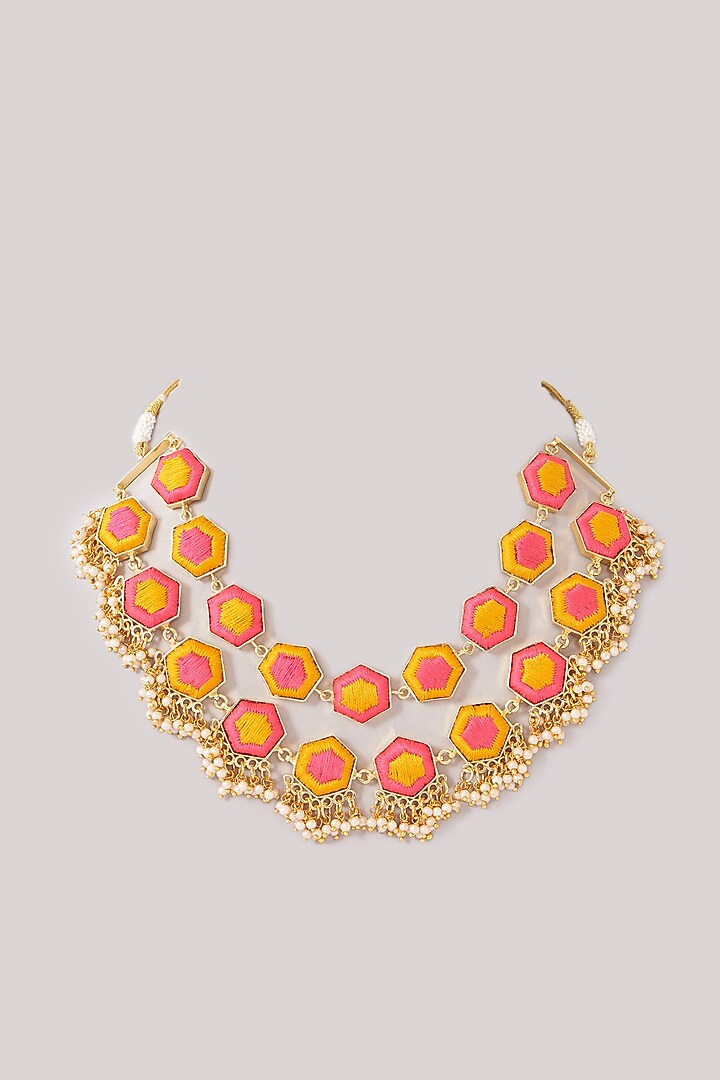 Matte Gold Finish Pink & Yellow Silk Thread Embroidered Layered Necklace Set by Bauble Bazaar at Pernia's Pop Up Shop
