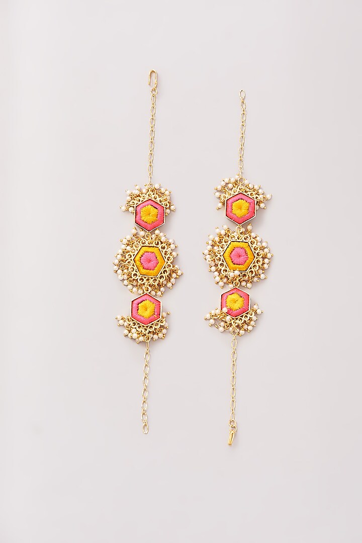 Matte Gold Finish Pink & Yellow Silk Thread Embroidered Layered Necklace Set by Bauble Bazaar at Pernia's Pop Up Shop