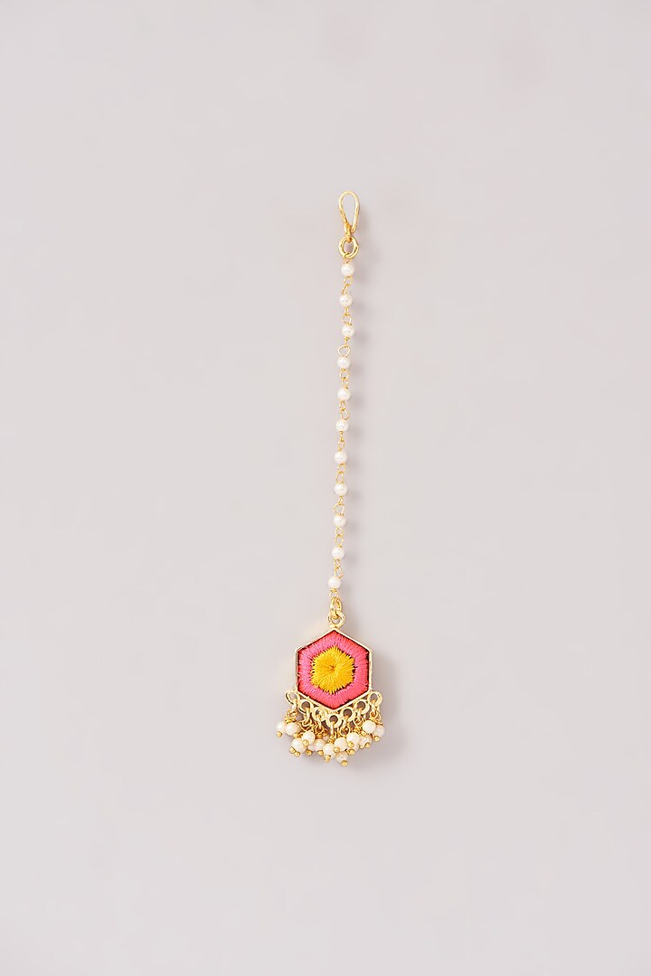 Matte Gold Finish Pink & Yellow Silk Thread Embroidered Layered Necklace Set by Bauble Bazaar at Pernia's Pop Up Shop
