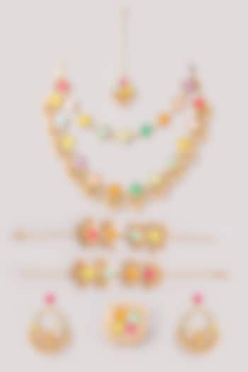 Matte Gold Finish Pastel Silk Thread Embroidered Layered Necklace Set by Bauble Bazaar at Pernia's Pop Up Shop