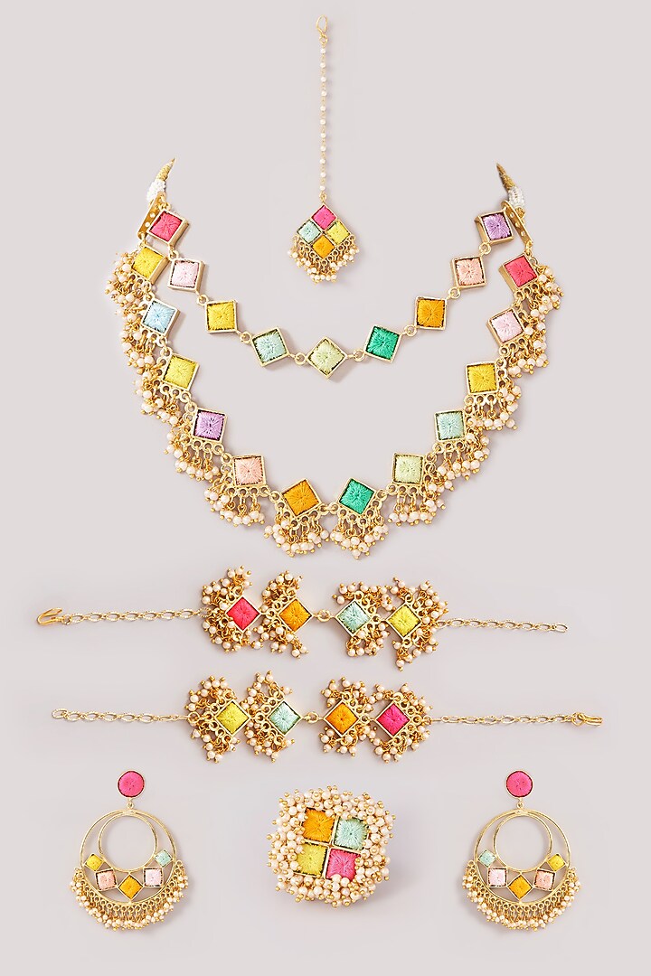 Matte Gold Finish Pastel Silk Thread Embroidered Layered Necklace Set by Bauble Bazaar at Pernia's Pop Up Shop